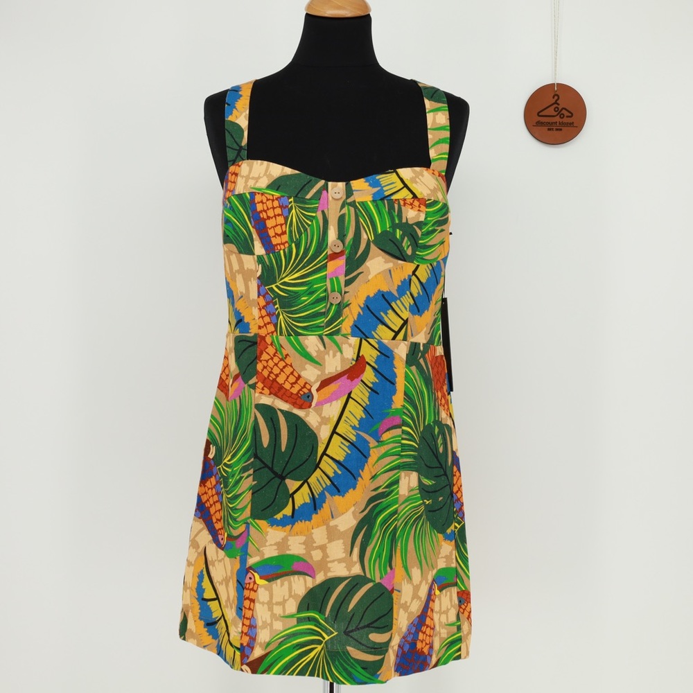 HOUSE OF HARLOW 1960 Linen Blend Toucans Mini Dress Large‎ Tropical NWT Smocked